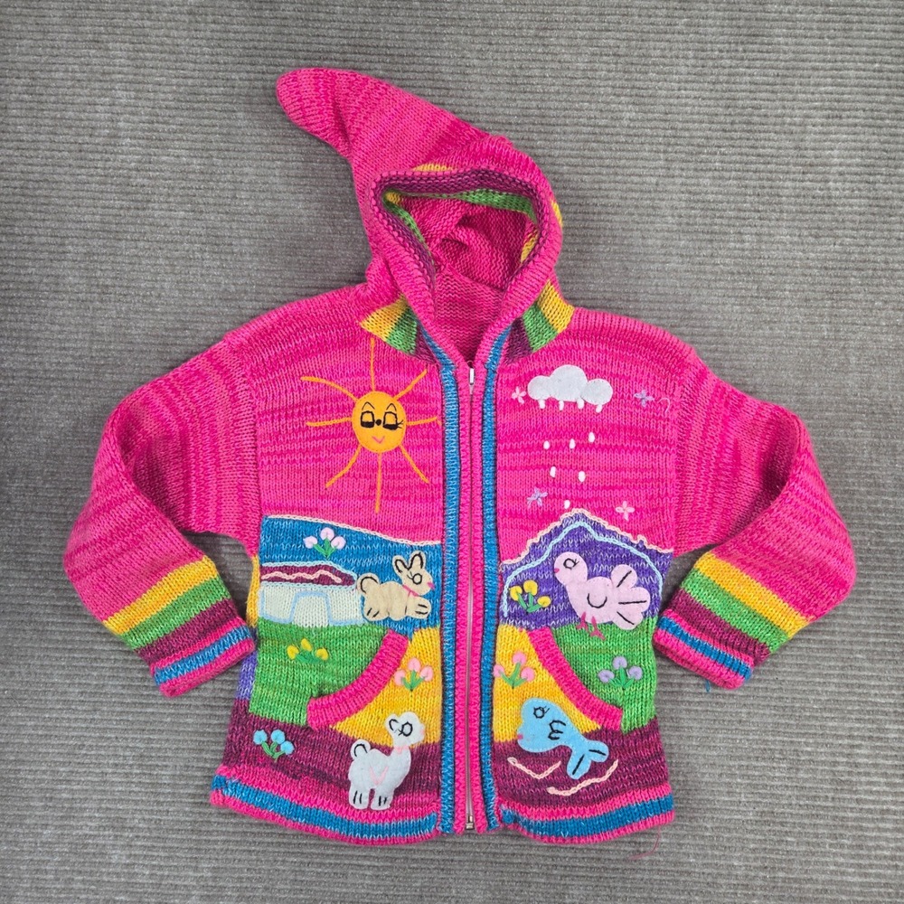 Albinaas Kids Size 4 Pink Rainbow Animal Landscape Knit Zip Up Hoodie Sweater